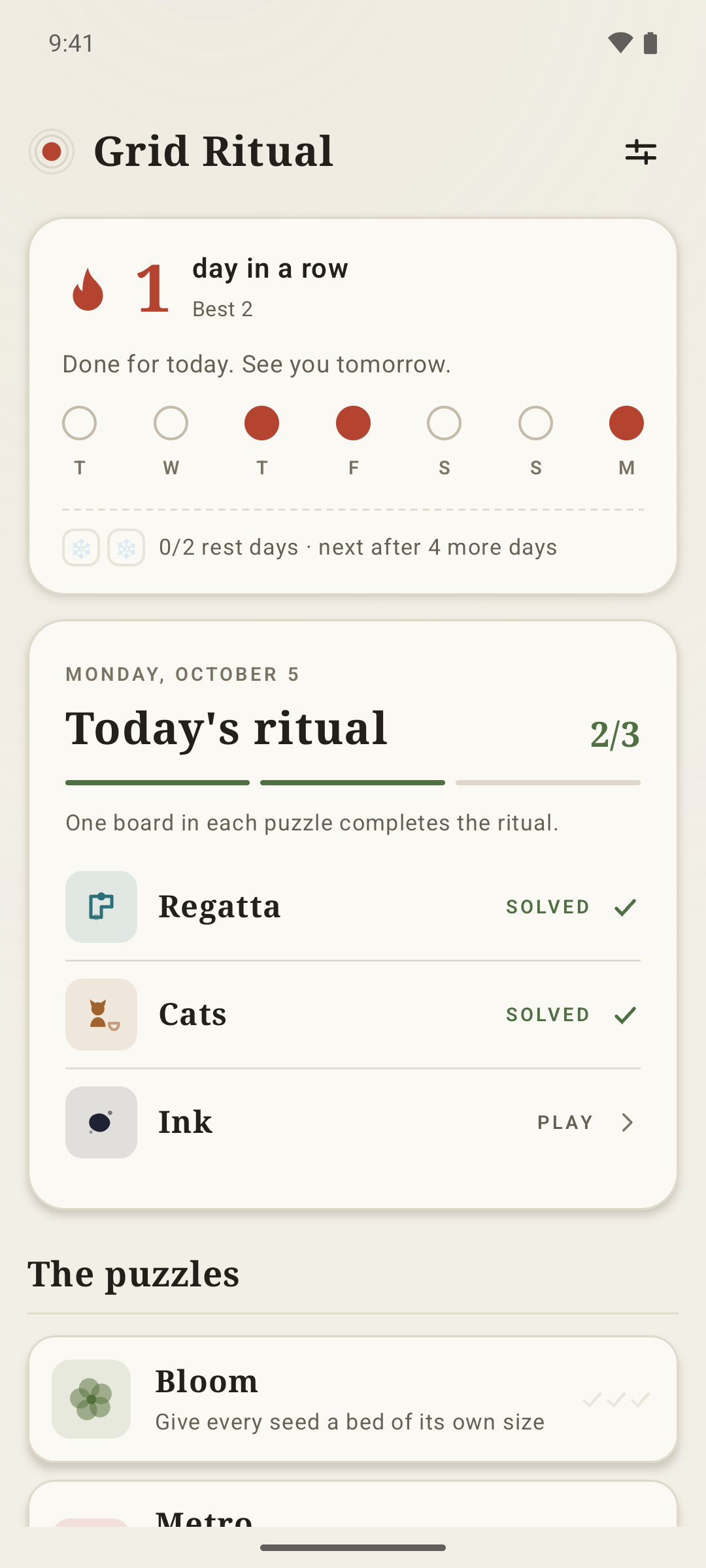 The Grid Ritual home screen with today's puzzle